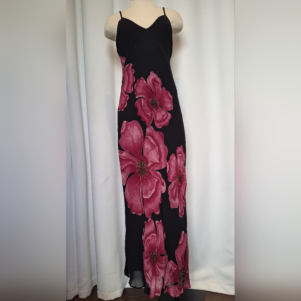 Y2K Floral Beaded Maxi Dress - Black and Pink Size S